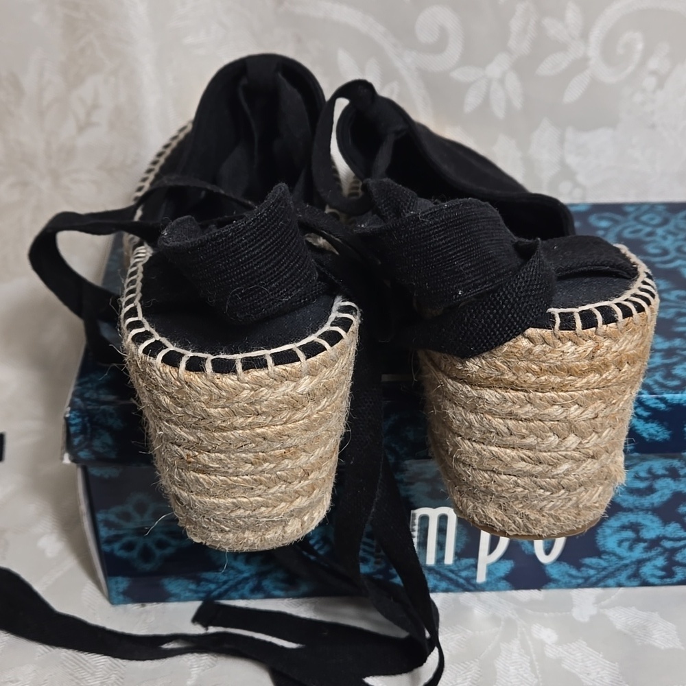 Impo Mai Tai Lace Up Black Espadrille Wedge Shoes with Woven Sole - Picture 6 of 8